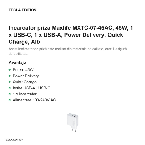 Incarcator priza Maxlife MXTC-07-45AC, 45W, 1 x USB-C, 1 x USB-A, Power Delivery, Quick Charge, Alb [1]