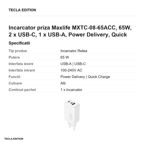 Incarcator priza Maxlife MXTC-08-65ACC, 65W, 2 x USB-C, 1 x USB-A, Power Delivery, Quick Charge, Alb [2]