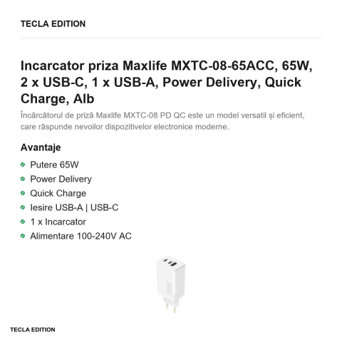 Incarcator priza Maxlife MXTC-08-65ACC, 65W, 2 x USB-C, 1 x USB-A, Power Delivery, Quick Charge, Alb [1]