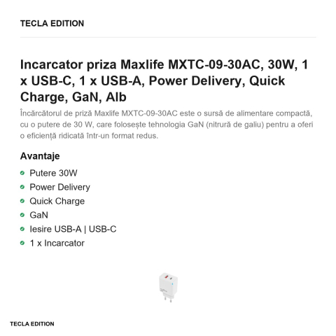 Incarcator priza Maxlife MXTC-09-30AC, 30W, 1 x USB-C, 1 x USB-A, Power Delivery, Quick Charge, GaN, Alb [1]
