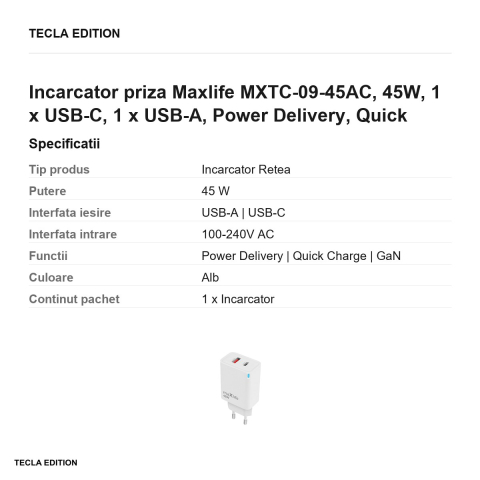 Incarcator priza Maxlife MXTC-09-45AC, 45W, 1 x USB-C, 1 x USB-A, Power Delivery, Quick Charge, GaN, Alb [2]