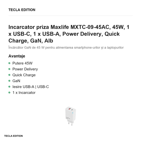 Incarcator priza Maxlife MXTC-09-45AC, 45W, 1 x USB-C, 1 x USB-A, Power Delivery, Quick Charge, GaN, Alb [1]