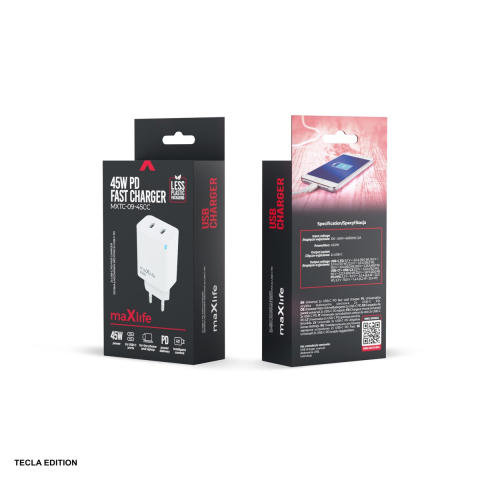 Incarcator priza Maxlife MXTC-09-45CC, 45W, 2 x USB-C, Power Delivery, Quick Charge, GaN, Alb [3]