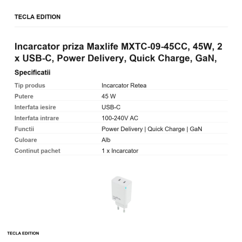 Incarcator priza Maxlife MXTC-09-45CC, 45W, 2 x USB-C, Power Delivery, Quick Charge, GaN, Alb [2]