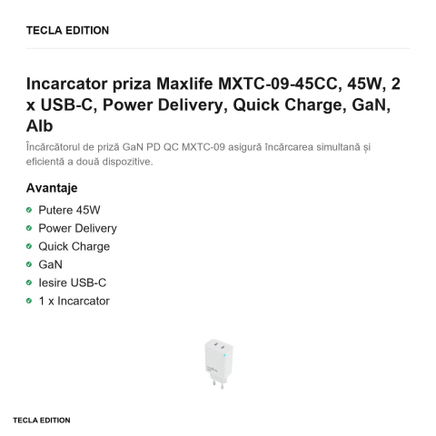 Incarcator priza Maxlife MXTC-09-45CC, 45W, 2 x USB-C, Power Delivery, Quick Charge, GaN, Alb [1]