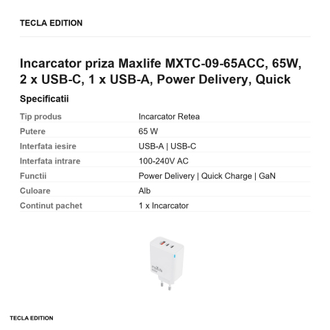 Incarcator priza Maxlife MXTC-09-65ACC, 65W, 2 x USB-C, 1 x USB-A, Power Delivery, Quick Charge, GaN, Alb [2]