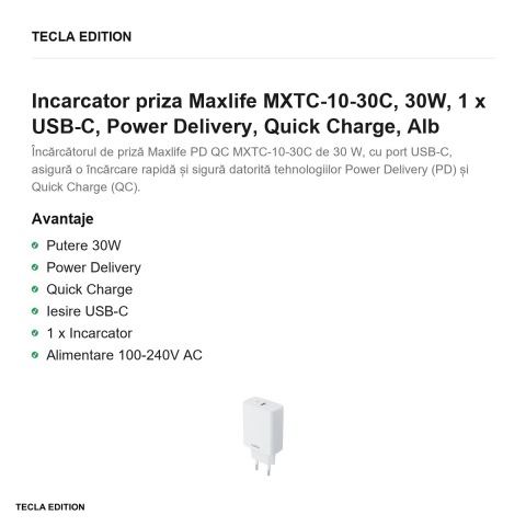 Incarcator priza Maxlife MXTC-10-30C, 30W, 1 x USB-C, Power Delivery, Quick Charge, Alb [1]