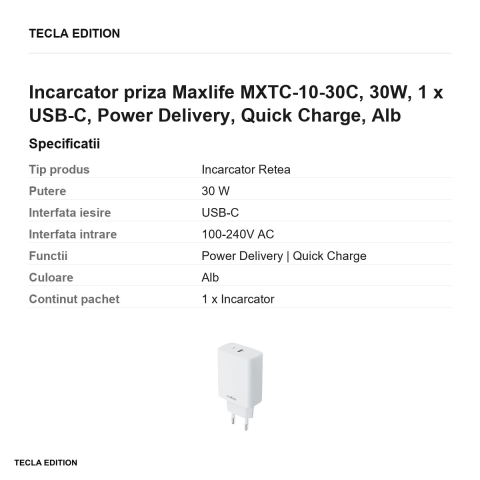 Incarcator priza Maxlife MXTC-10-30C, 30W, 1 x USB-C, Power Delivery, Quick Charge, Alb [2]