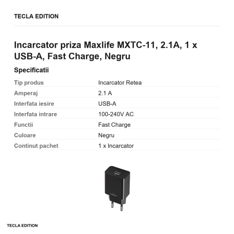 Incarcator priza Maxlife MXTC-11, 2.1A, 1 x USB-A, Fast Charge, Negru [2]