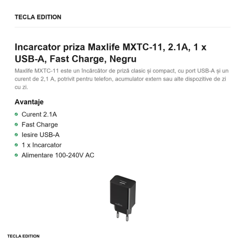 Incarcator priza Maxlife MXTC-11, 2.1A, 1 x USB-A, Fast Charge, Negru [1]