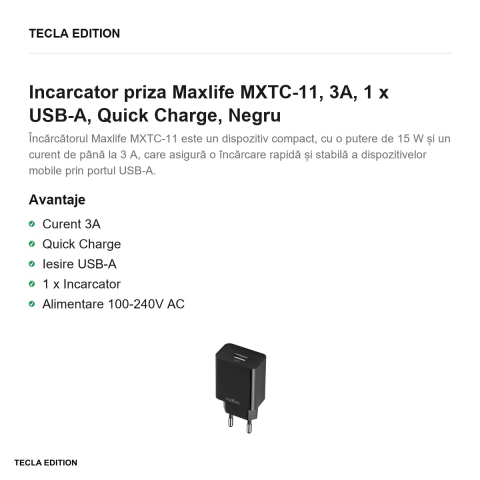 Incarcator priza Maxlife MXTC-11, 3A, 1 x USB-A, Quick Charge, Negru [1]