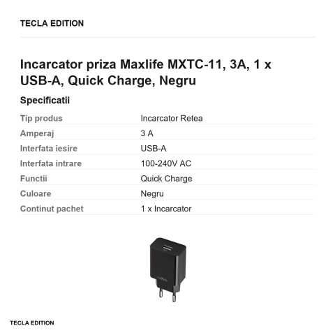 Incarcator priza Maxlife MXTC-11, 3A, 1 x USB-A, Quick Charge, Negru [2]