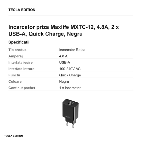 Incarcator priza Maxlife MXTC-12, 4.8A, 2 x USB-A, Quick Charge, Negru [2]