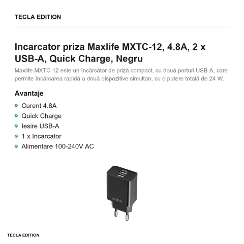 Incarcator priza Maxlife MXTC-12, 4.8A, 2 x USB-A, Quick Charge, Negru [1]