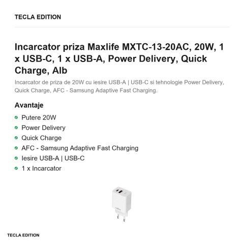 Incarcator priza Maxlife MXTC-13-20AC, 20W, 1 x USB-C, 1 x USB-A, Power Delivery, Quick Charge, Alb [1]