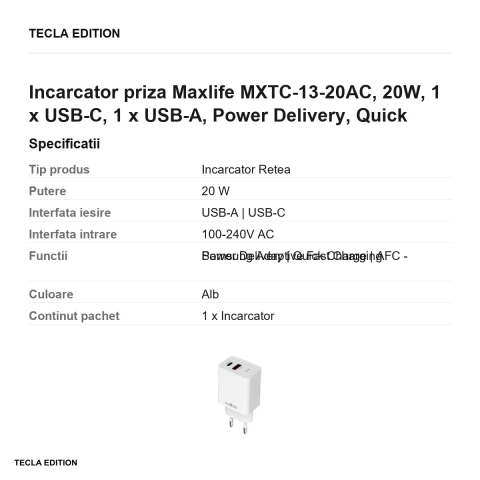 Incarcator priza Maxlife MXTC-13-20AC, 20W, 1 x USB-C, 1 x USB-A, Power Delivery, Quick Charge, Alb [2]