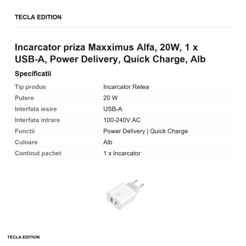 Incarcator priza Maxximus Alfa, 20W, 1 x USB-A, 1 x USB-C, Power Delivery, Quick Charge, Alb [2]
