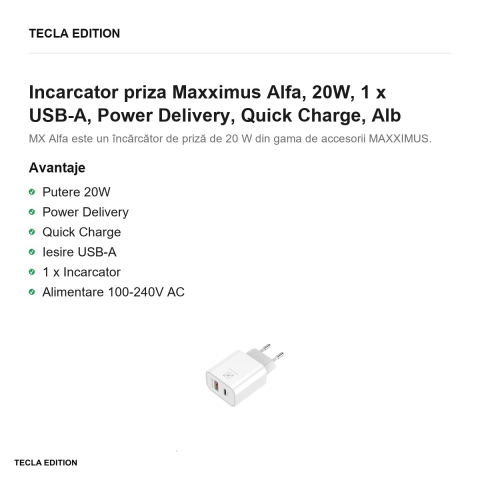 Incarcator priza Maxximus Alfa, 20W, 1 x USB-A, 1 x USB-C, Power Delivery, Quick Charge, Alb [1]