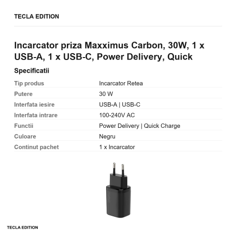 Incarcator priza Maxximus Carbon, 30W, 1 x USB-A, 1 x USB-C, Power Delivery, Quick Charge, Negru [2]