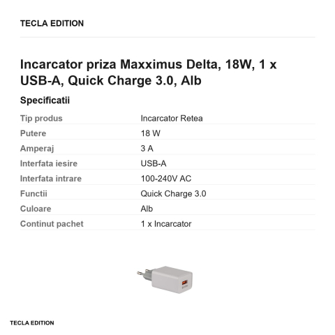 Incarcator priza Maxximus Delta, 18W, 1 x USB-A, Quick Charge 3.0, Alb [2]