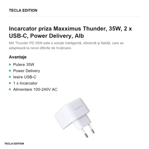 Incarcator priza Maxximus Thunder, 35W, 2 x USB-C, Power Delivery, Alb [1]