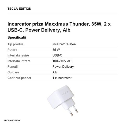 Incarcator priza Maxximus Thunder, 35W, 2 x USB-C, Power Delivery, Alb [2]