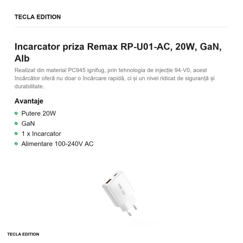 Incarcator priza Remax RP-U01-AC, 20W, GaN, Alb [1]