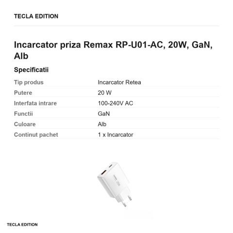 Incarcator priza Remax RP-U01-AC, 20W, GaN, Alb [2]