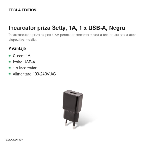 Incarcator priza Setty, 1A, 1 x USB-A, Negru [1]