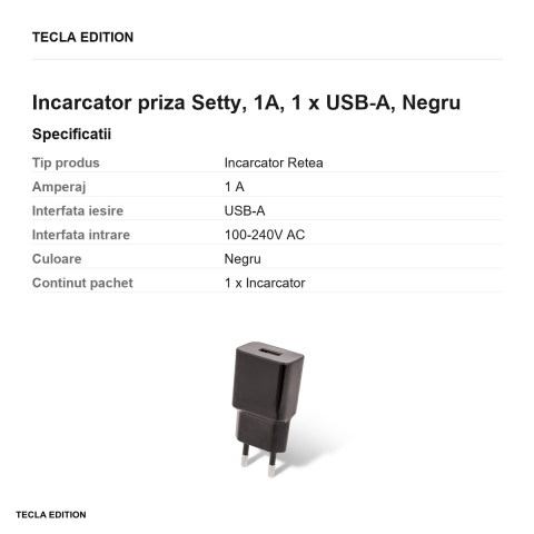 Incarcator priza Setty, 1A, 1 x USB-A, Negru [2]