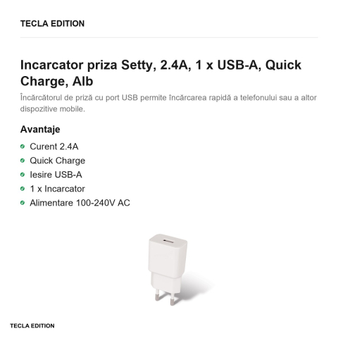 Incarcator priza Setty, 2.4A, 1 x USB-A, Quick Charge, Alb [1]