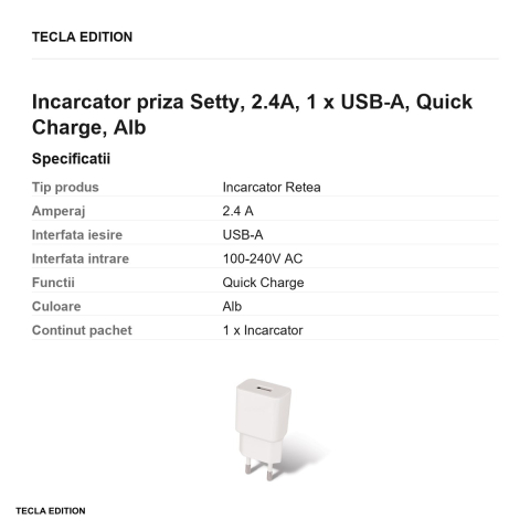 Incarcator priza Setty, 2.4A, 1 x USB-A, Quick Charge, Alb [2]