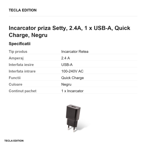 Incarcator priza Setty, 2.4A, 1 x USB-A, Quick Charge, Negru [2]