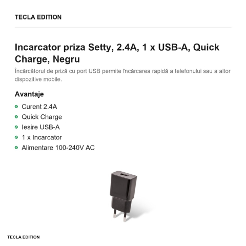 Incarcator priza Setty, 2.4A, 1 x USB-A, Quick Charge, Negru [1]