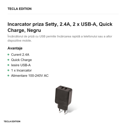 Incarcator priza Setty, 2.4A, 2 x USB-A, Quick Charge, Negru [1]