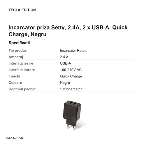 Incarcator priza Setty, 2.4A, 2 x USB-A, Quick Charge, Negru [2]
