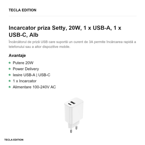 Incarcator priza Setty, 20W, 1 x USB-A, 1 x USB-C, Alb [1]