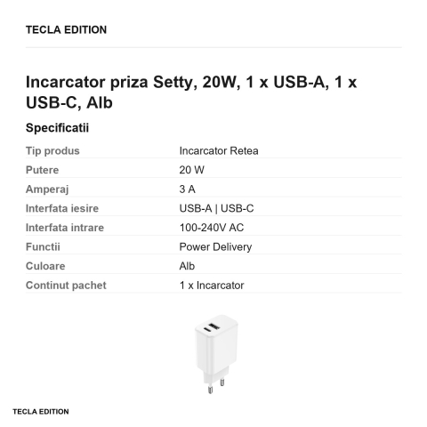 Incarcator priza Setty, 20W, 1 x USB-A, 1 x USB-C, Alb [2]