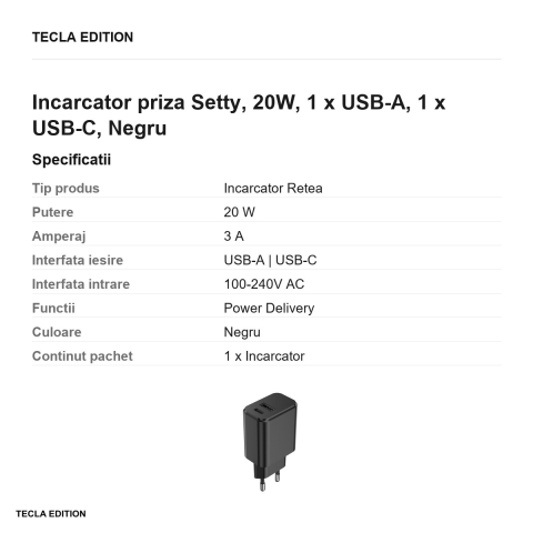 Incarcator priza Setty, 20W, 1 x USB-A, 1 x USB-C, Negru [2]