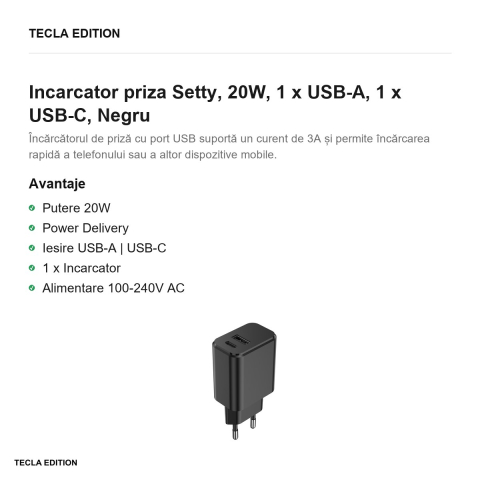 Incarcator priza Setty, 20W, 1 x USB-A, 1 x USB-C, Negru [1]