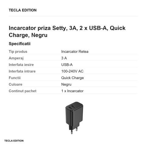 Incarcator priza Setty, 3A, 2 x USB-A, Quick Charge, Negru [2]