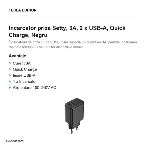 Incarcator priza Setty, 3A, 2 x USB-A, Quick Charge, Negru [1]