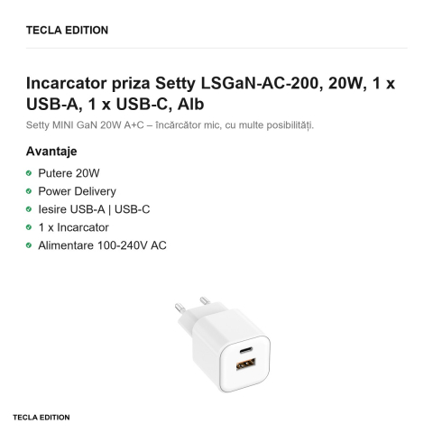 Incarcator priza Setty LSGaN-AC-200, 20W, 1 x USB-A, 1 x USB-C, Alb [1]