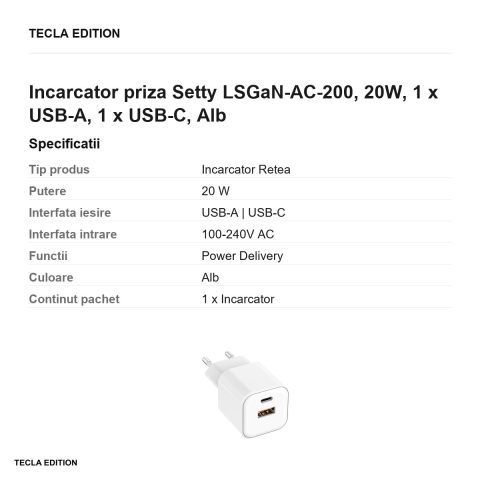Incarcator priza Setty LSGaN-AC-200, 20W, 1 x USB-A, 1 x USB-C, Alb [2]