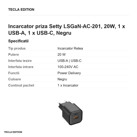 Incarcator priza Setty LSGaN-AC-201, 20W, 1 x USB-A, 1 x USB-C, Negru [2]