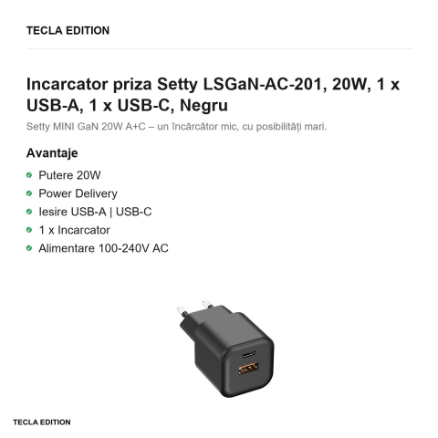 Incarcator priza Setty LSGaN-AC-201, 20W, 1 x USB-A, 1 x USB-C, Negru [1]