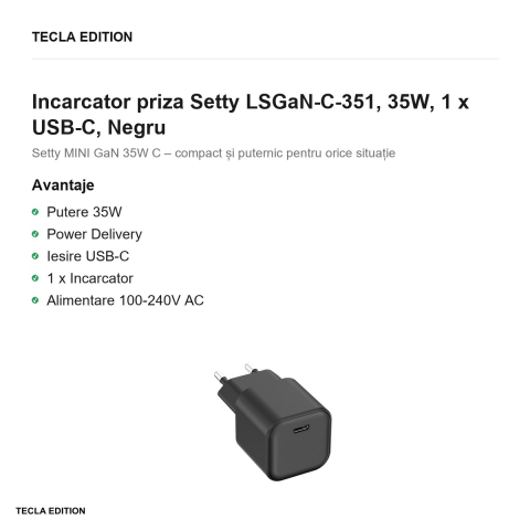Incarcator priza Setty LSGaN-C-351, 35W, 1 x USB-C, Negru [1]