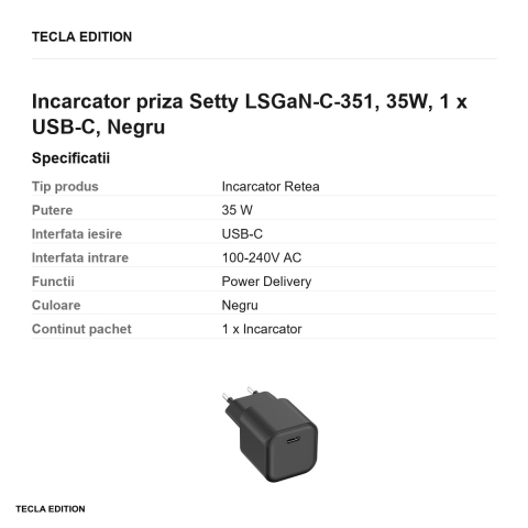 Incarcator priza Setty LSGaN-C-351, 35W, 1 x USB-C, Negru [2]