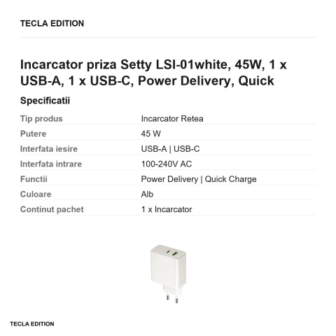 Incarcator priza Setty LSI-01white, 45W, 1 x USB-A, 1 x USB-C, Power Delivery, Quick Charge, Alb [2]