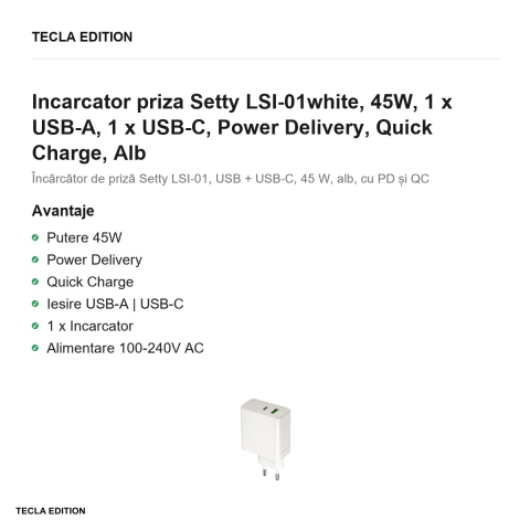 Incarcator priza Setty LSI-01white, 45W, 1 x USB-A, 1 x USB-C, Power Delivery, Quick Charge, Alb [1]